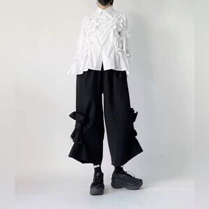 Comme des Garçons Style Black Wide-Leg Pants with Ties, ankle length